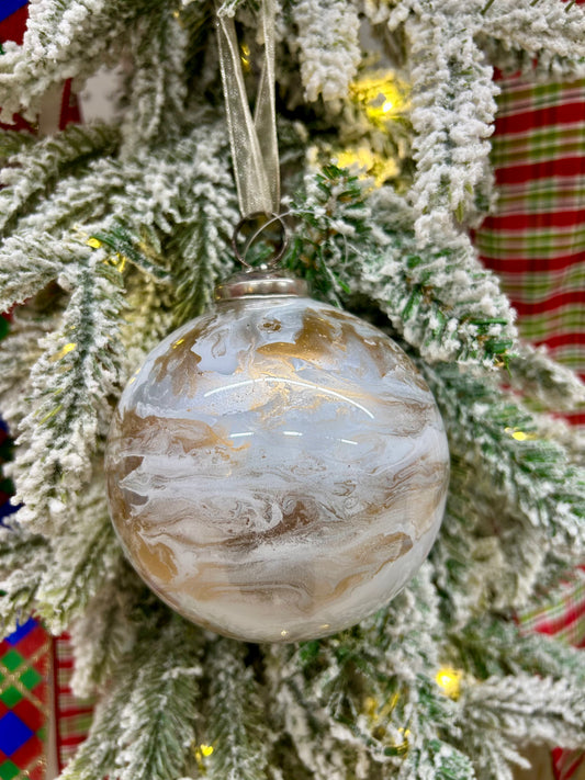 4 Inch White Gold And Silver Marble Glass Ball Ornament