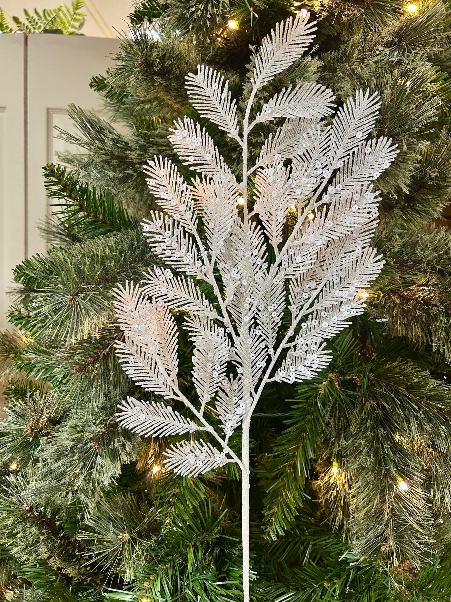 24 Inch White Glitter Sequin Fern Spray