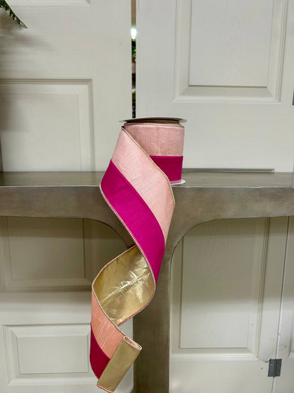 4 Inch By 10 Yard Pink And Light Pink With Gold Back Dupioni Ribbon