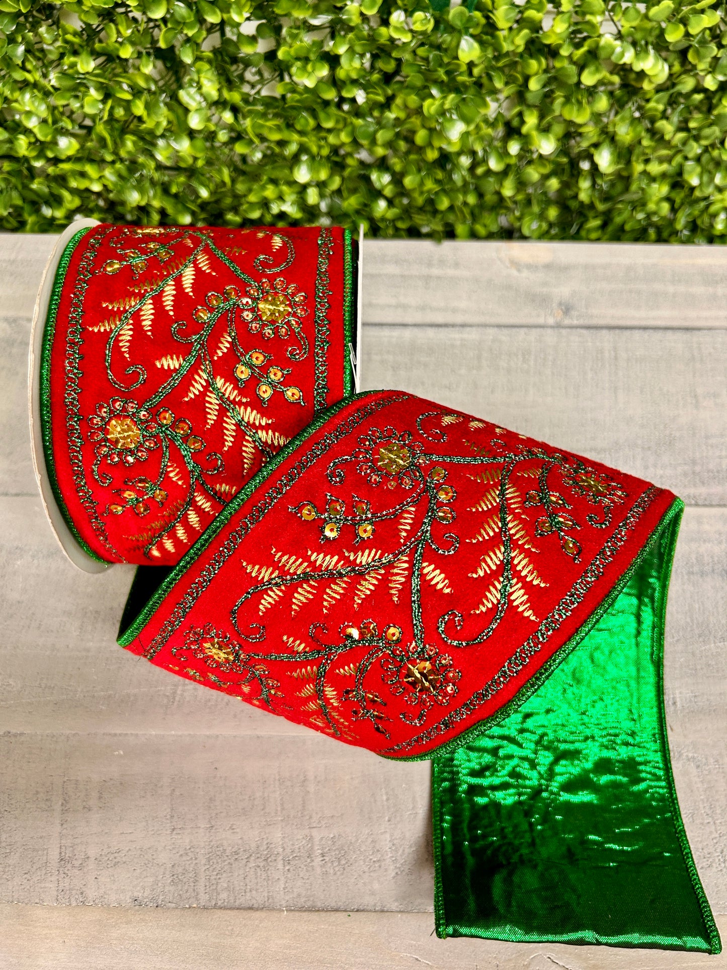 David Christopher 4 Inch By 10 Yard Green Fern Embroidery With Gold Sequins On Red Velvet With Green Back Ribbon