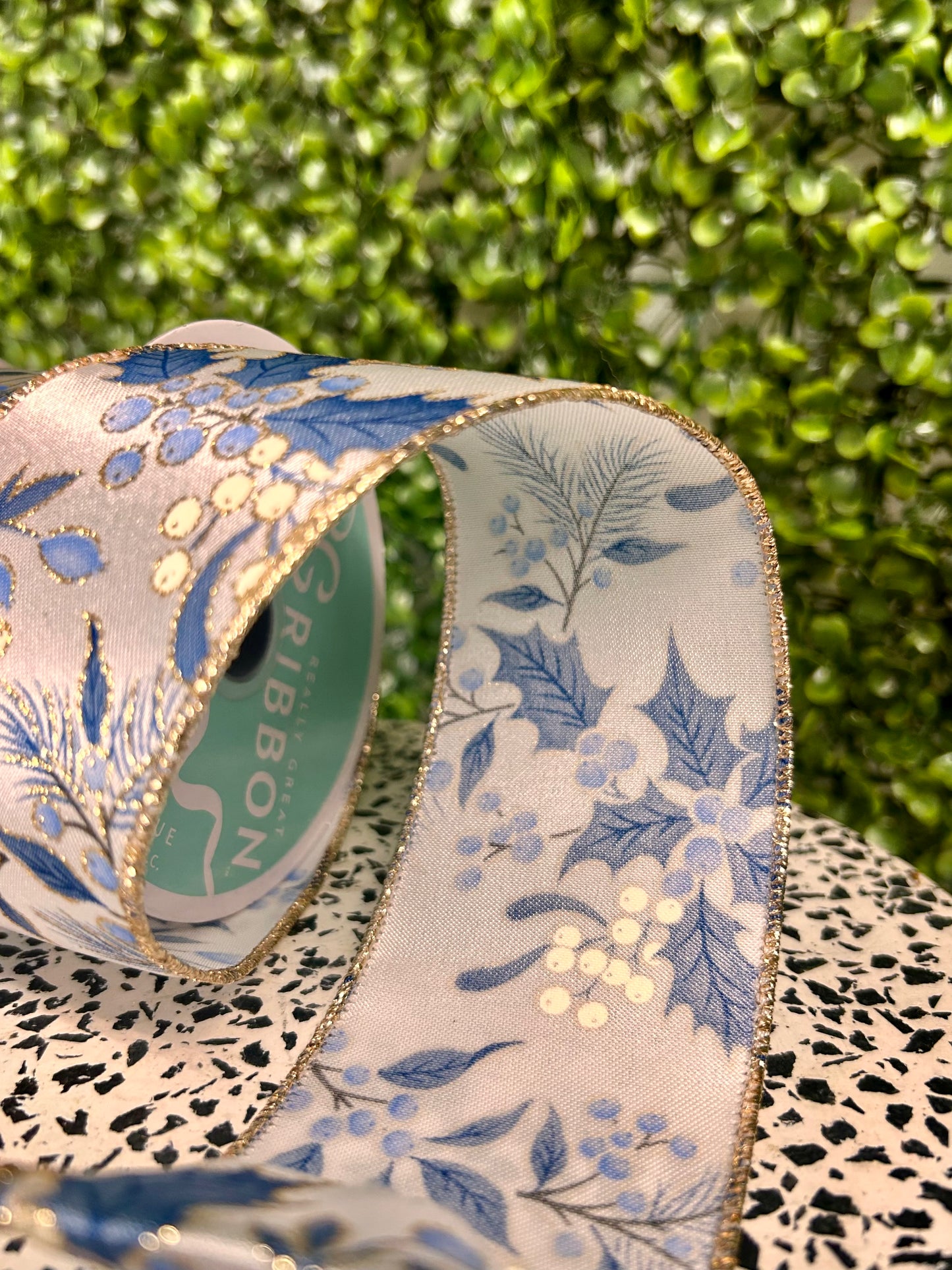 2.5 Inch By 10 Yard Champagne And Blue Holly Berry Pine Ribbon
