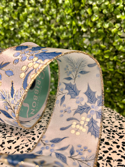 2.5 Inch By 10 Yard Champagne And Blue Holly Berry Pine Ribbon