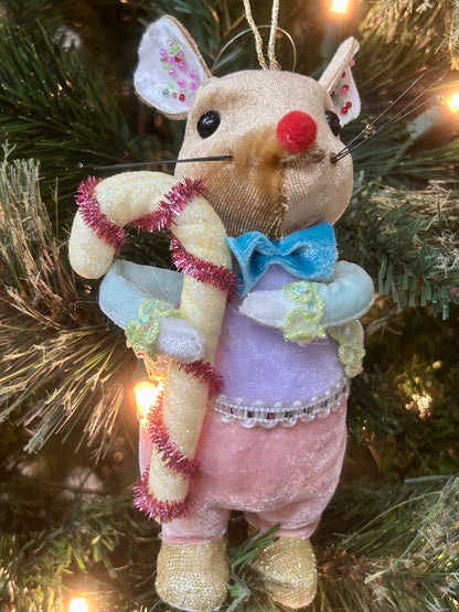 Mark Roberts 6 Inch Felt Pastel Mouse With Candy Cane Ornament