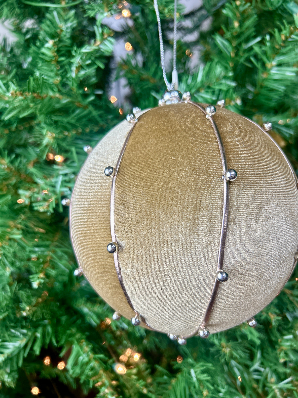 6 Inch Taupe Bead Velvet Ball Ornament