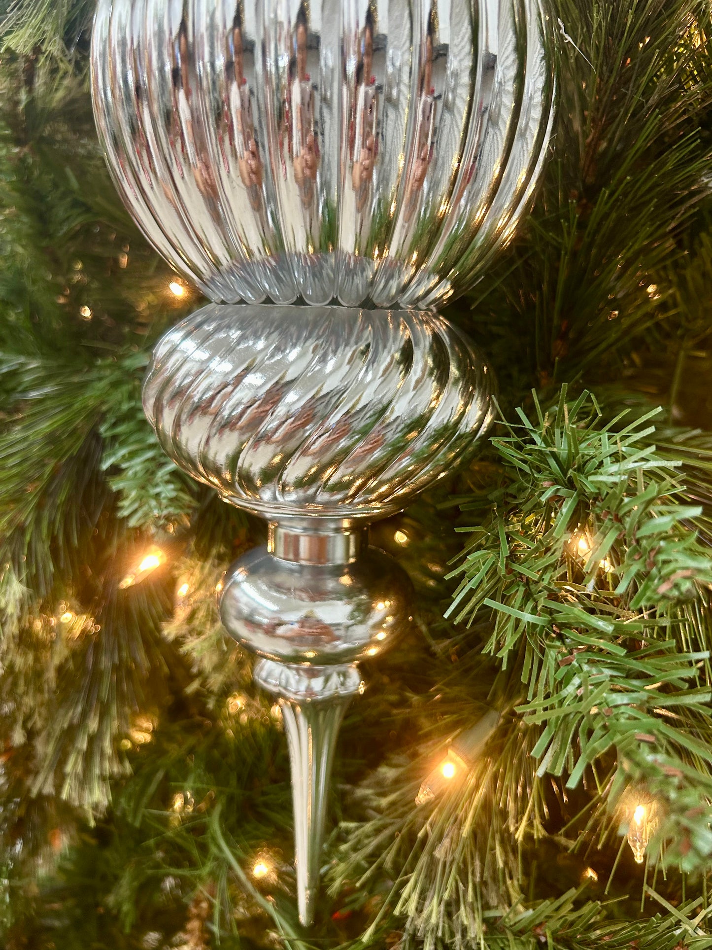 14 Inch Shiny Silver Vertical Stripe Ball Finial Ornament