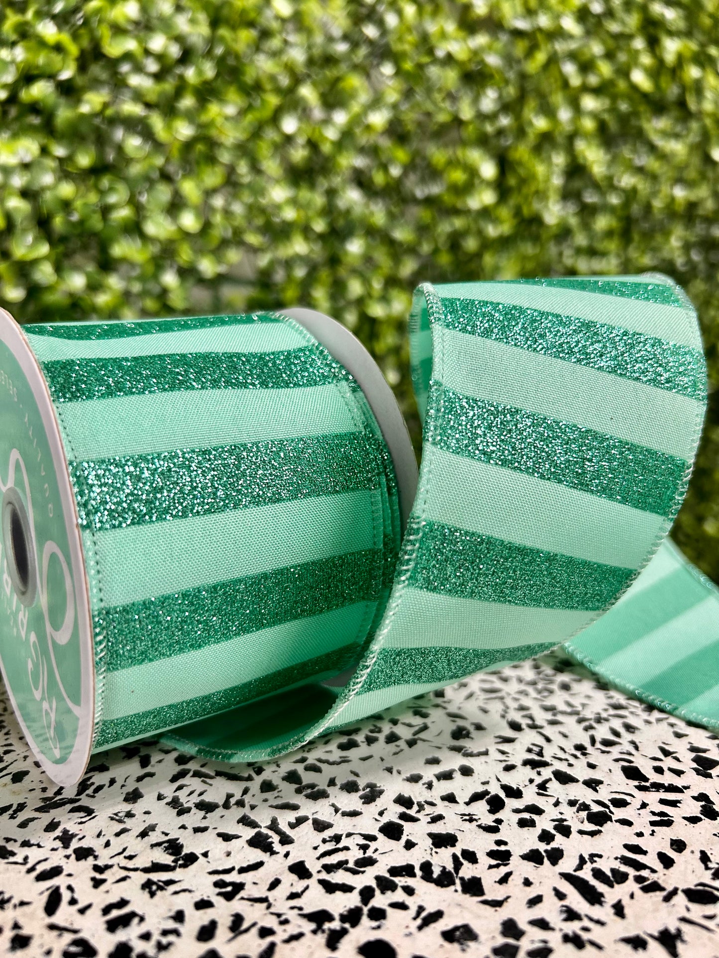 2.5 Inch By 10 Yard Mint Horizontal Glitter Stripes Ribbon