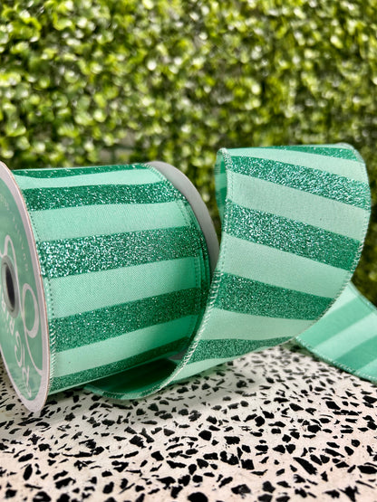 2.5 Inch By 10 Yard Mint Horizontal Glitter Stripes Ribbon