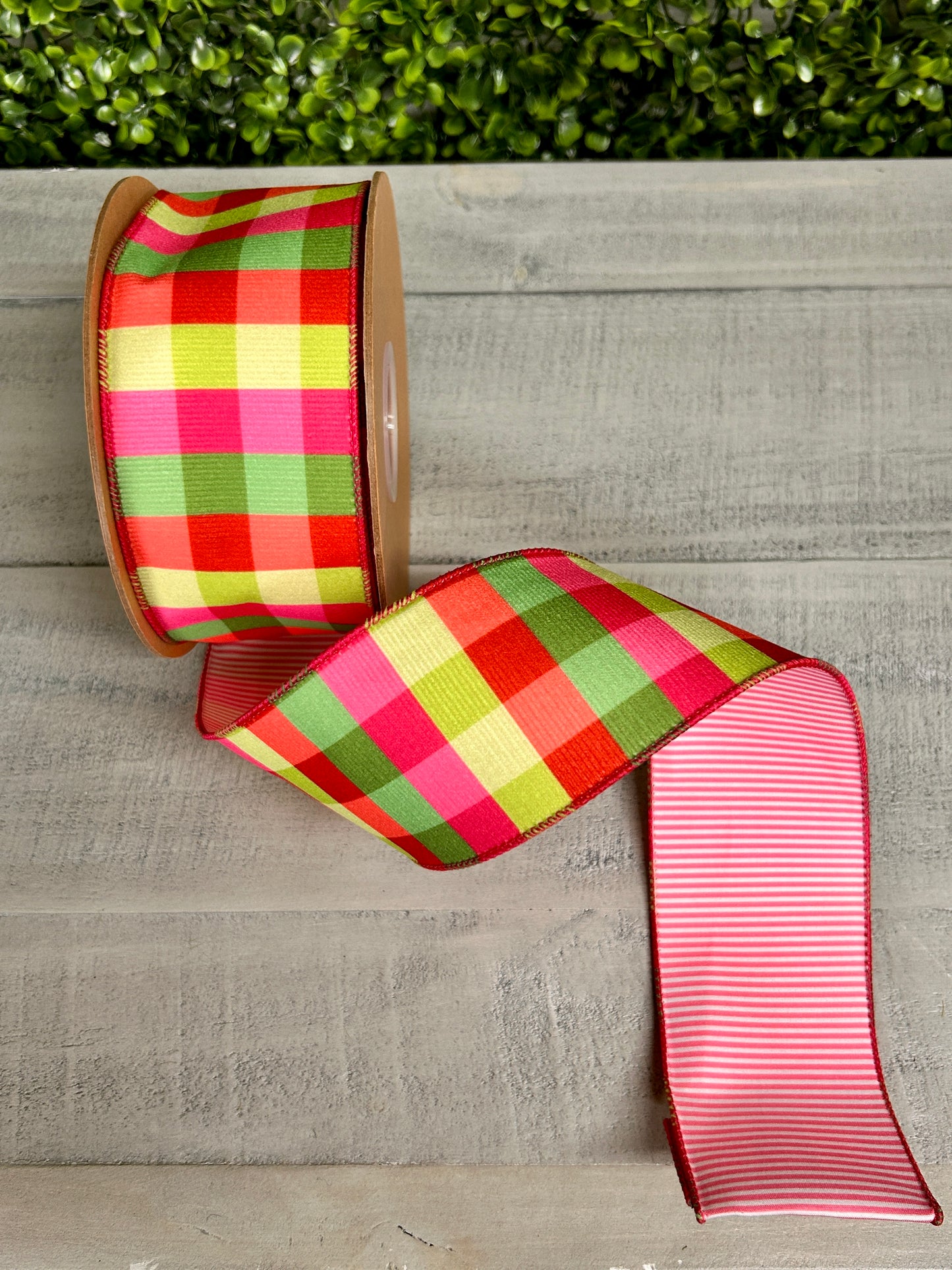 2.5 Inch By 10 Yard Flourescent Pink Green Plaid With Pink Stripe Back Ribbon