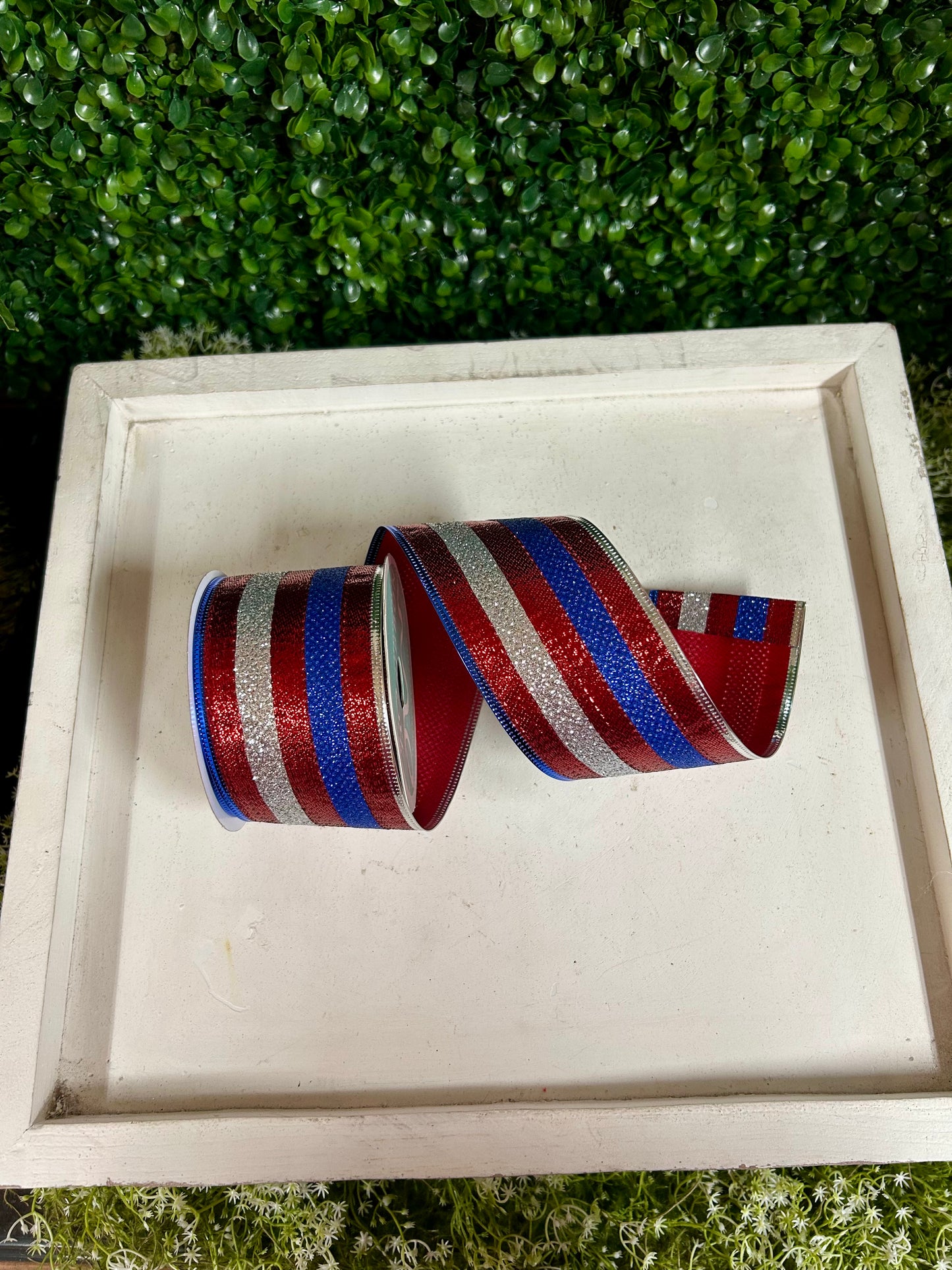 2.5 Inch By 10 Yard Red Blue And Silver Glitter Stripes Ribbon