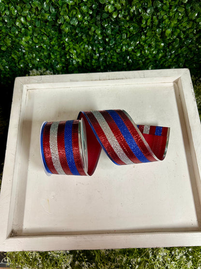 2.5 Inch By 10 Yard Red Blue And Silver Glitter Stripes Ribbon