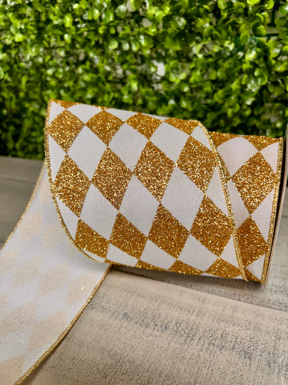 4 Inch By 10 Yard White And Gold Harlequin Check Ribbon