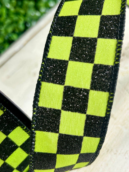 1.5 Inch By 10 Yard Lime Green And Black Glitter Check Ribbon