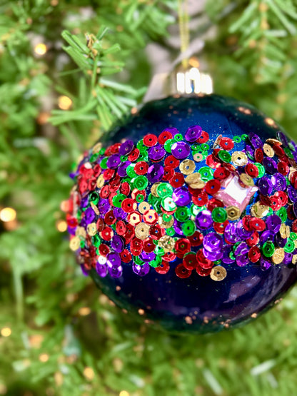 5 Inch Dark Blue Diamond And Sequin Ornament Ball