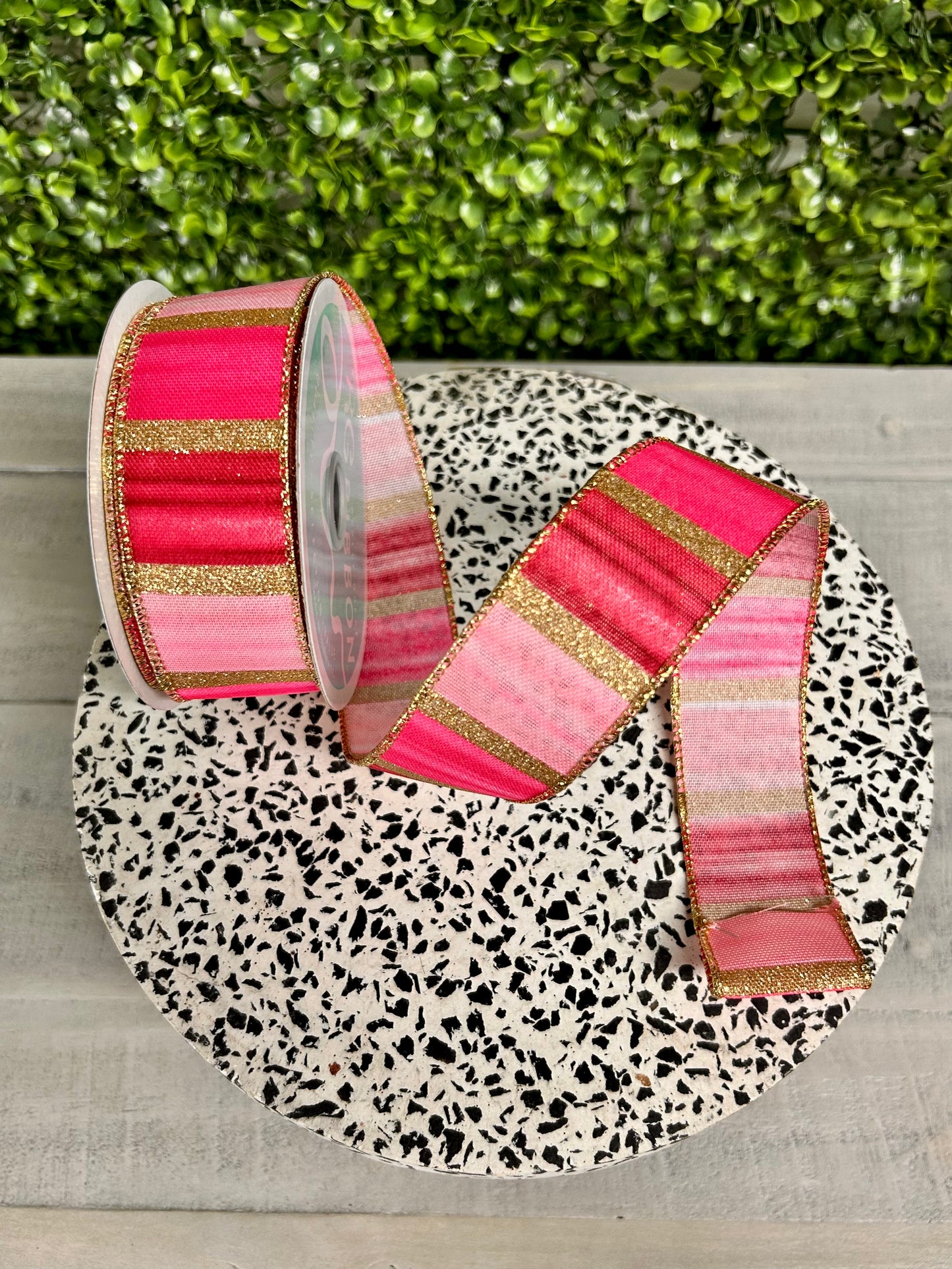 1.5 Inch By 10 Yard Pink Fuchsia Maroon And Gold Watercolor Stripes Ribbon