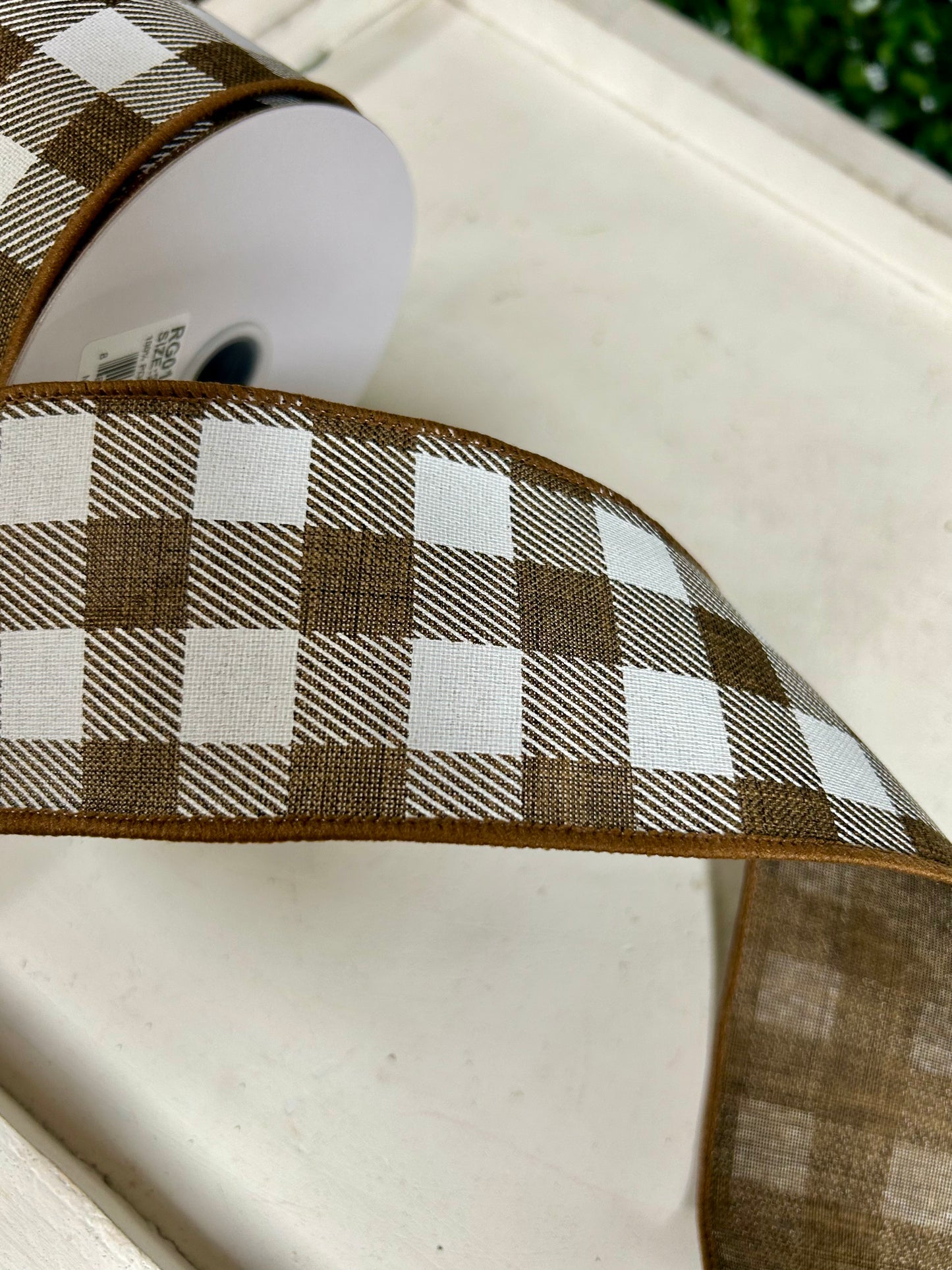 2.5 Inch By 10 Yard Brown And White Striped Check On Royal Ribbon