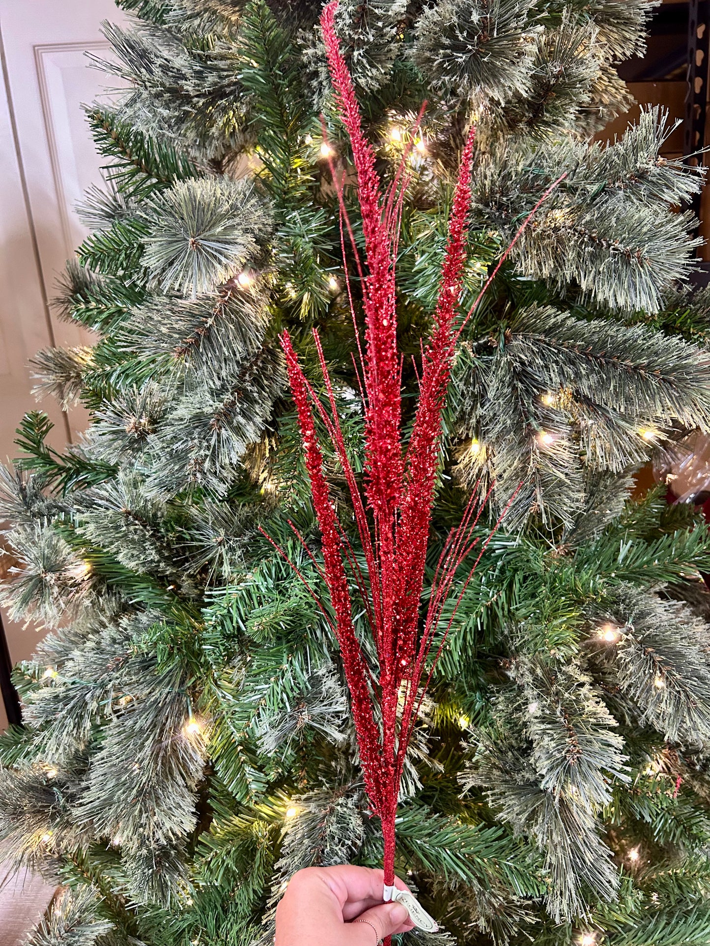 34 Inch Red Glitter Mica Triple Spike Grass Spray