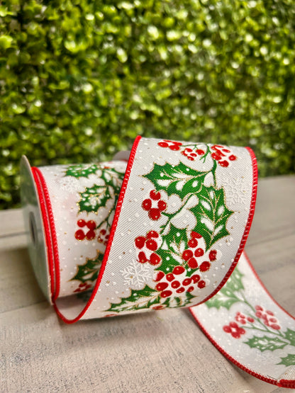 2.5 Inch By 10 Yard Holly Berries In Snow Ribbon