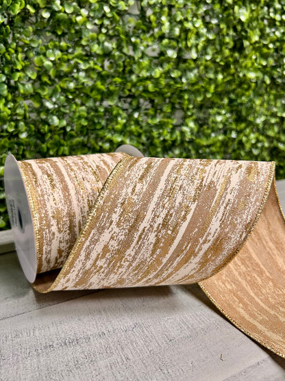 4 Inch By 10 Yard Beige Cream And Gold Glitter Metallic Streaks Ribbon
