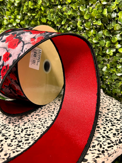 2.5 Inch By 10 Yard Red Roses And Vines Fused Ribbon