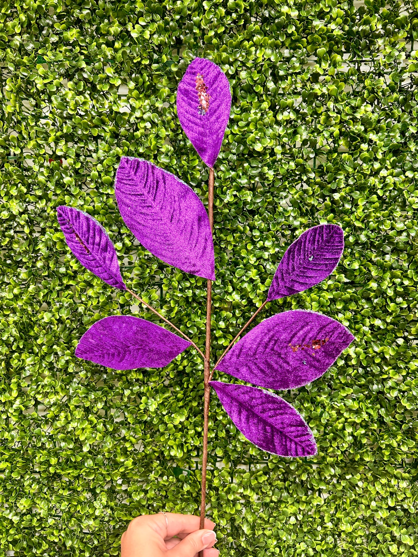 26 Inch Purple Velvet Sequin Magnolia Leaf Spray