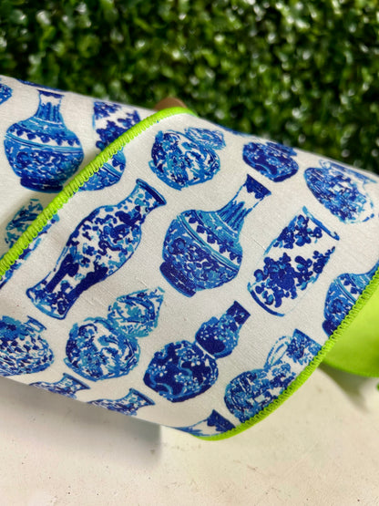 4 Inch By 10 Yard Blue And White China Pots With Lime Green Backing Dupioni Ribbon