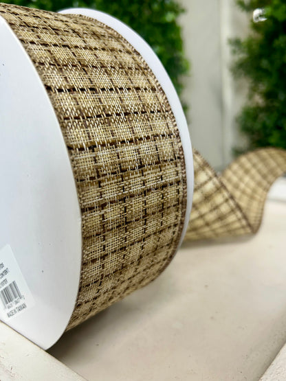2.5 Inch By 50 Yard Cream Natural And Brown Woven Check Ribbon