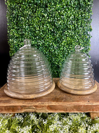 Beehive Glass Cloches With Wood Trays Two Styles