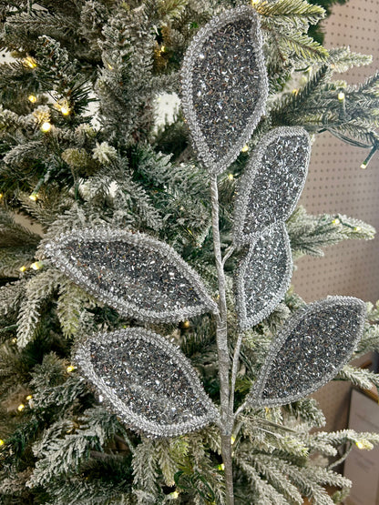 28 Inch Silver Glitter And Lace Leaf Spray