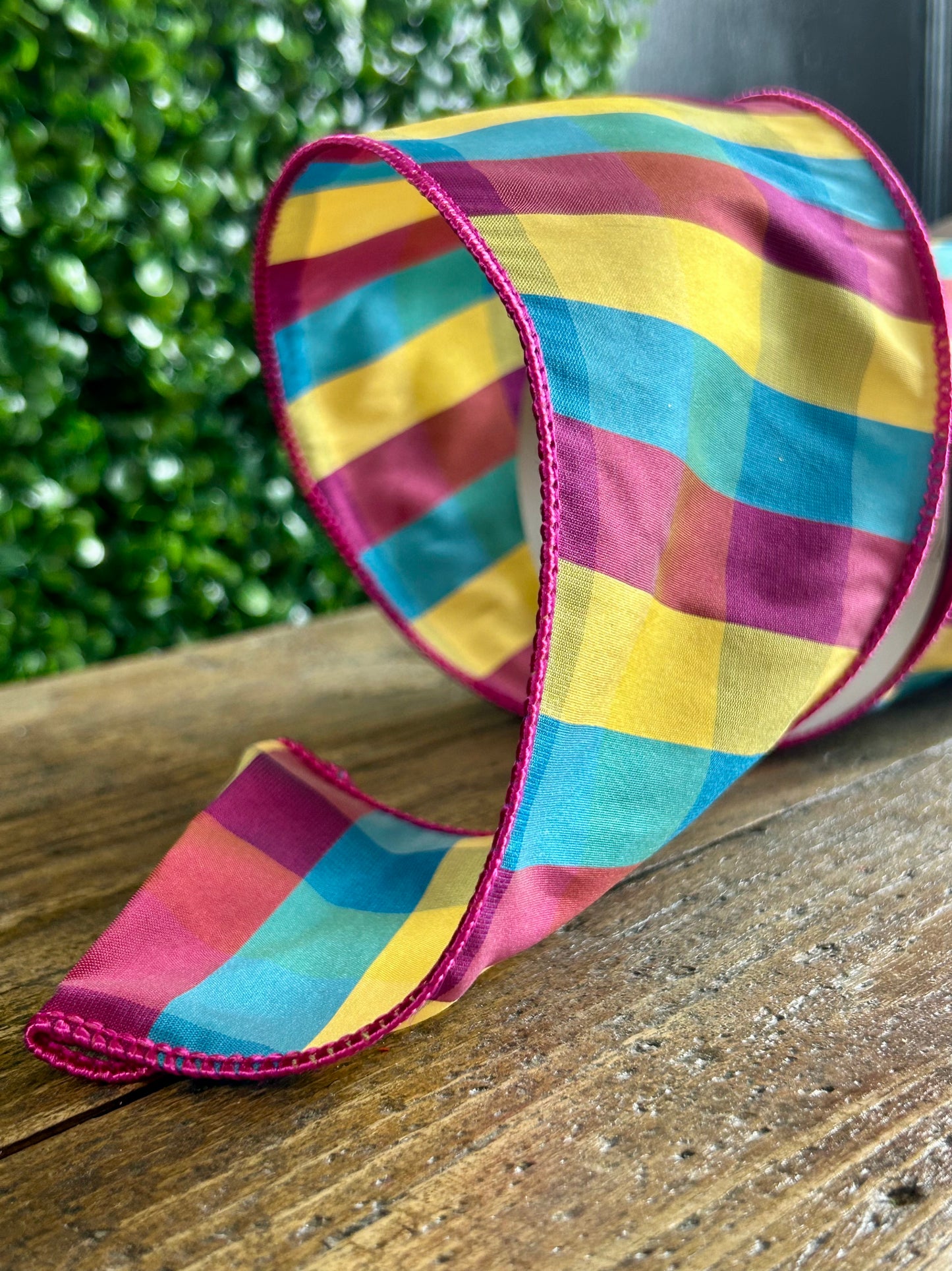 4 Inch By 10 Yard Pink Yellow And Blue Check Ribbon