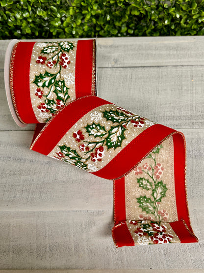 4 Inch By 10 Yard Holly Leaves And Berries Velvet Ribbon