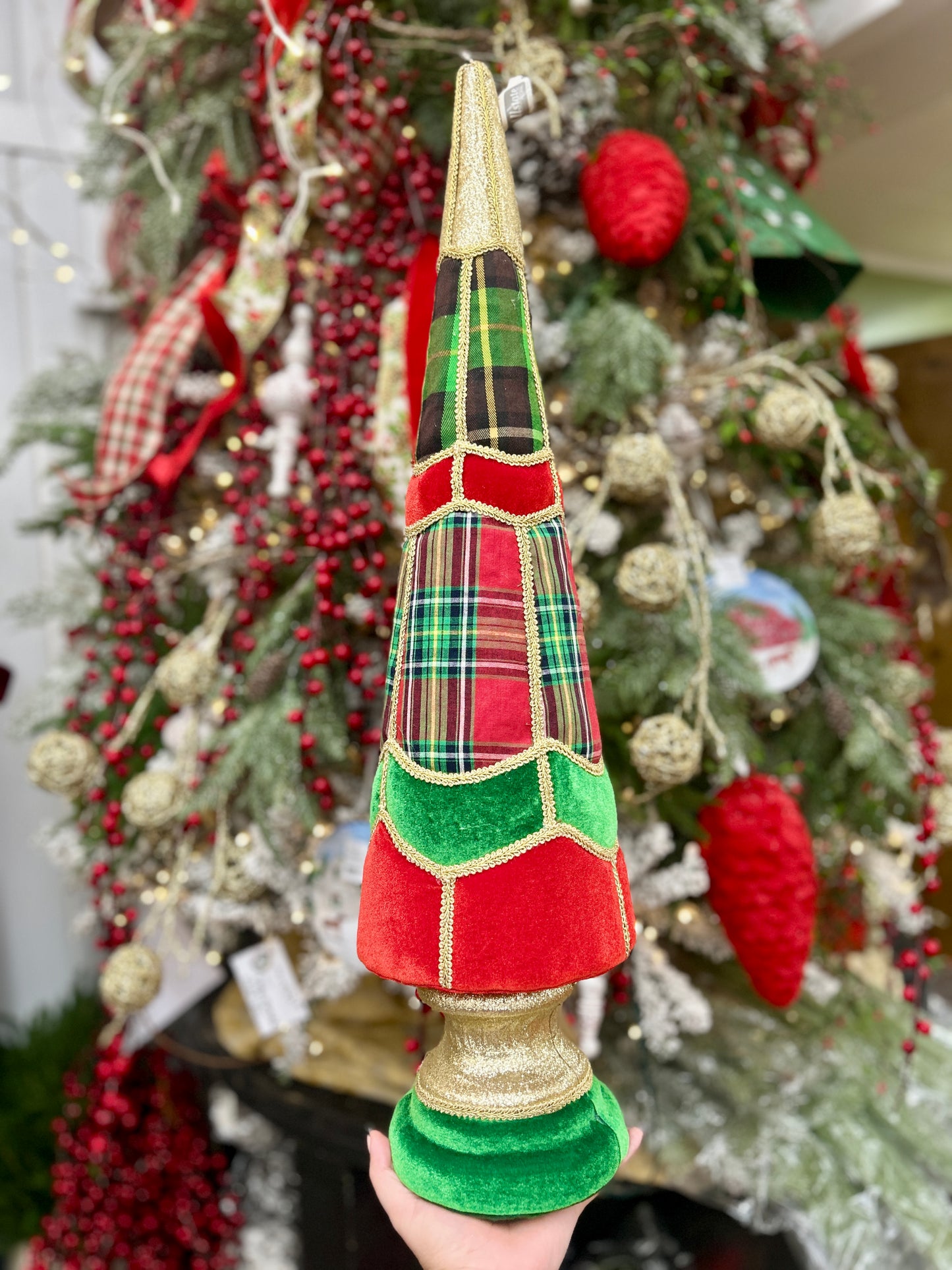 28 Inch Plaid Red And Green Cone Topiary