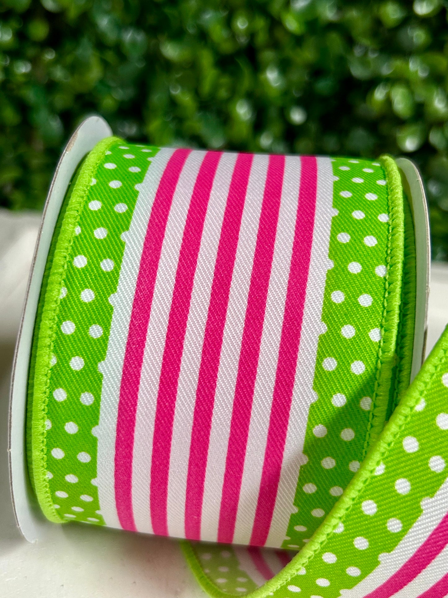 2.5 Inch By 10 Yard White Hot Pink And Lime Vertical Stripe And Polka Dot Edge Ribbon