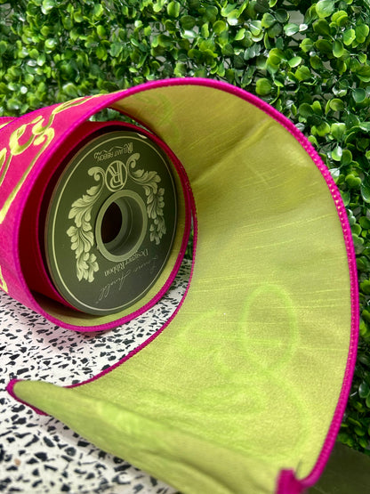 4 Inch By 5 Yard Fuchsia And Lime Green Believe Embroidery Dupioni Ribbon