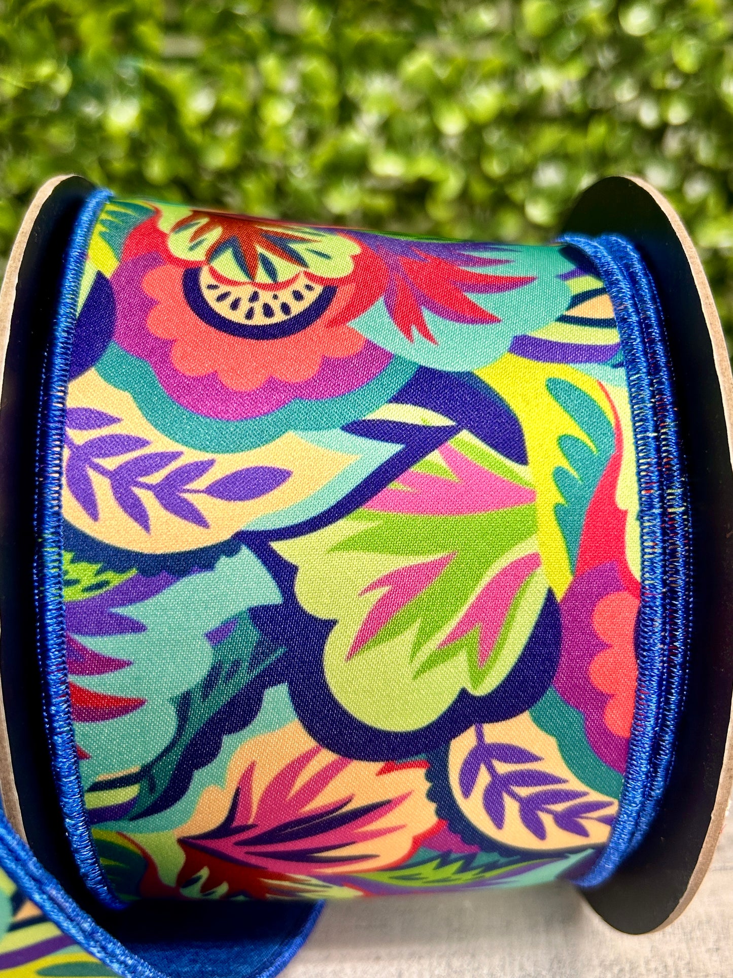 D. Stevens 3 Inch By 10 Yards Blue Lime And Aqua Abstract Foliage Satin Ribbon