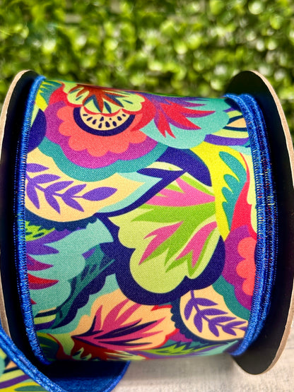 D. Stevens 3 Inch By 10 Yards Blue Lime And Aqua Abstract Foliage Satin Ribbon