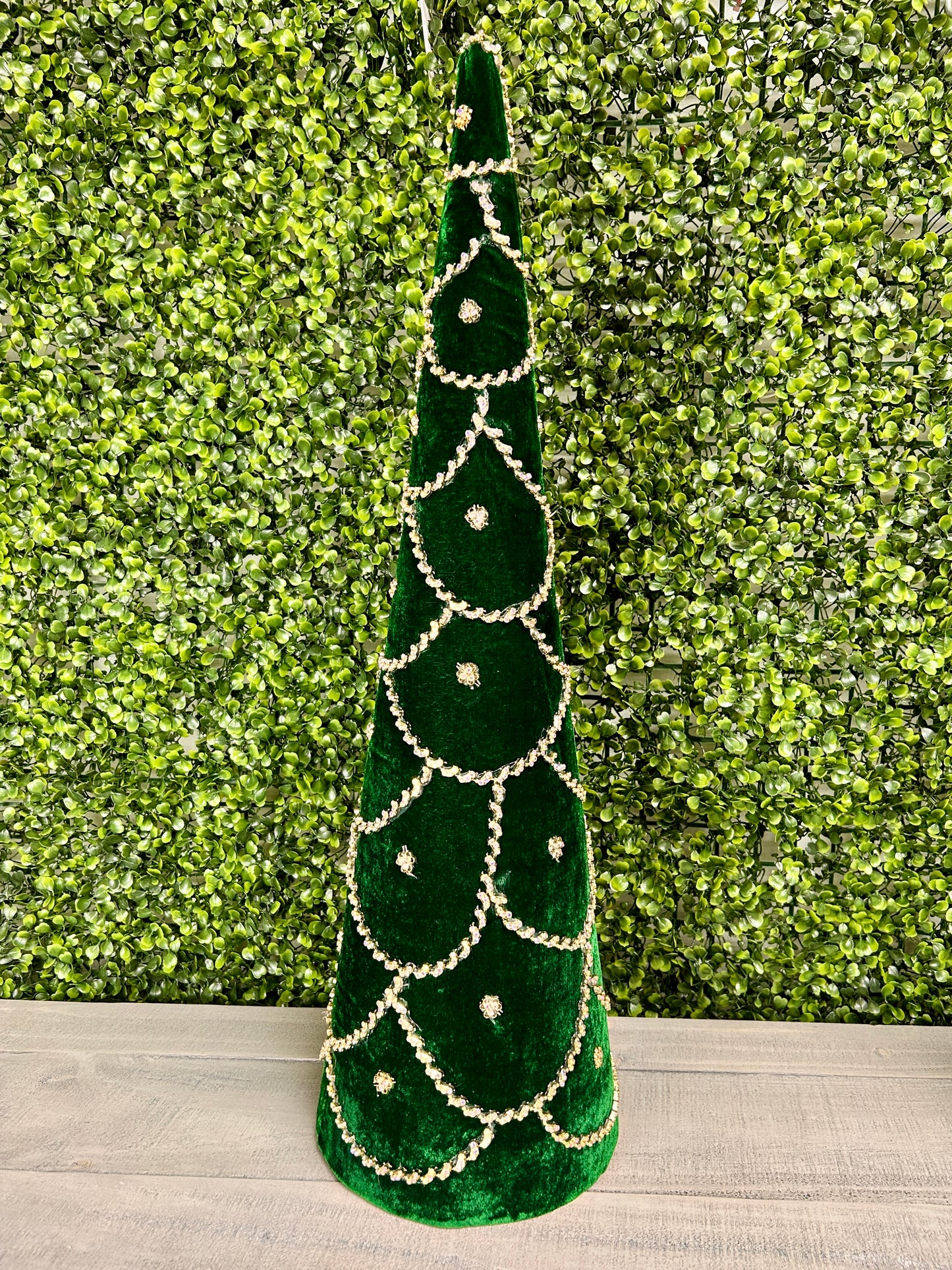 Set Of Two 18 And 24 Inch Emerald Green Jeweled Scalloped Velvet Cone Tree