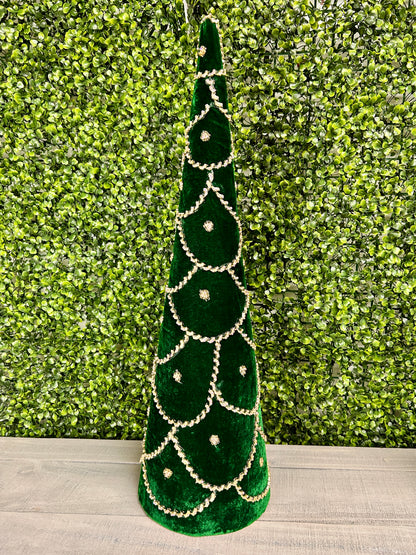 Set Of Two 18 And 24 Inch Emerald Green Jeweled Scalloped Velvet Cone Tree