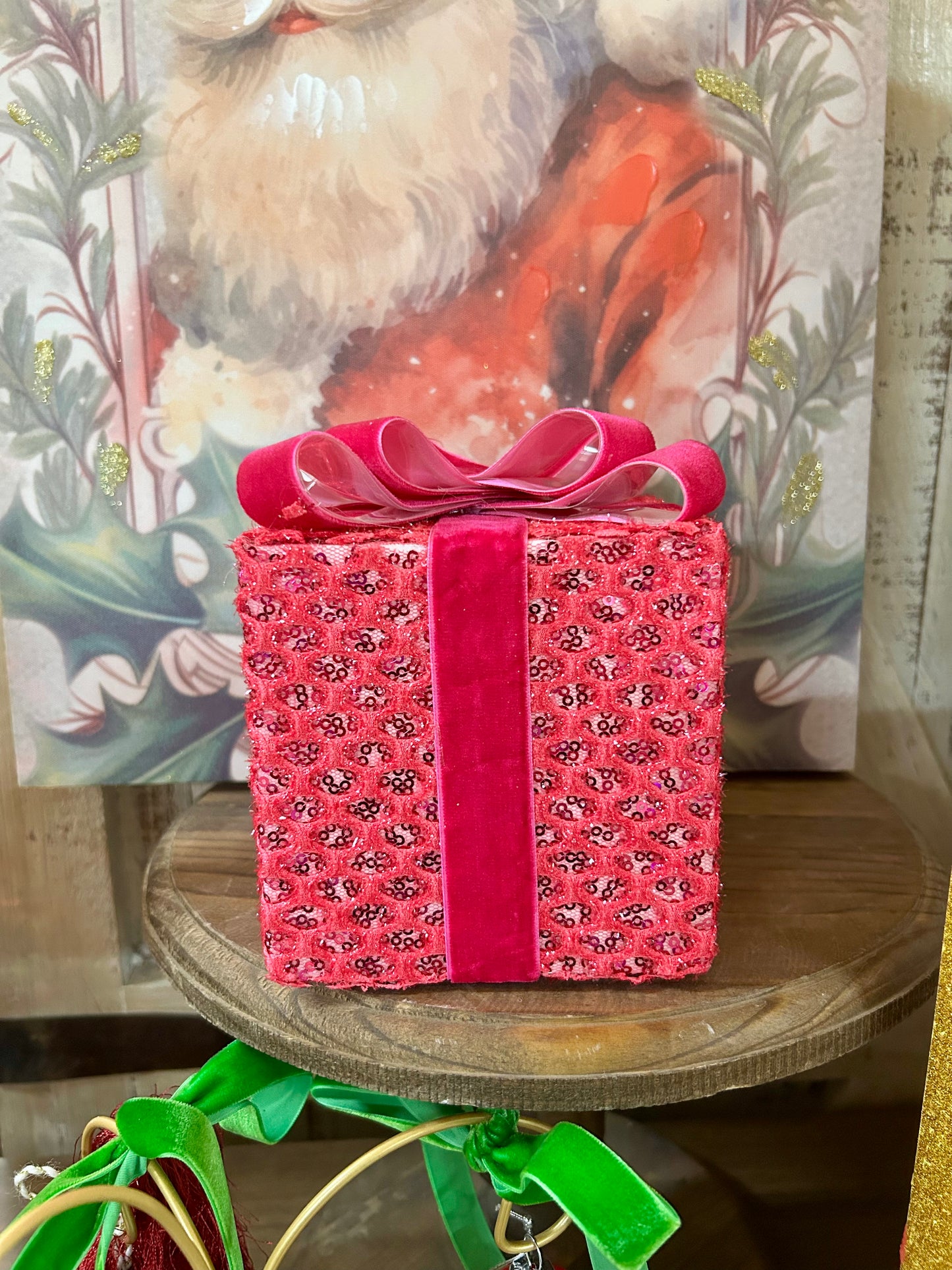 6.75 Inch Fuchsia Sequin Tinsel Gift Box Decoration