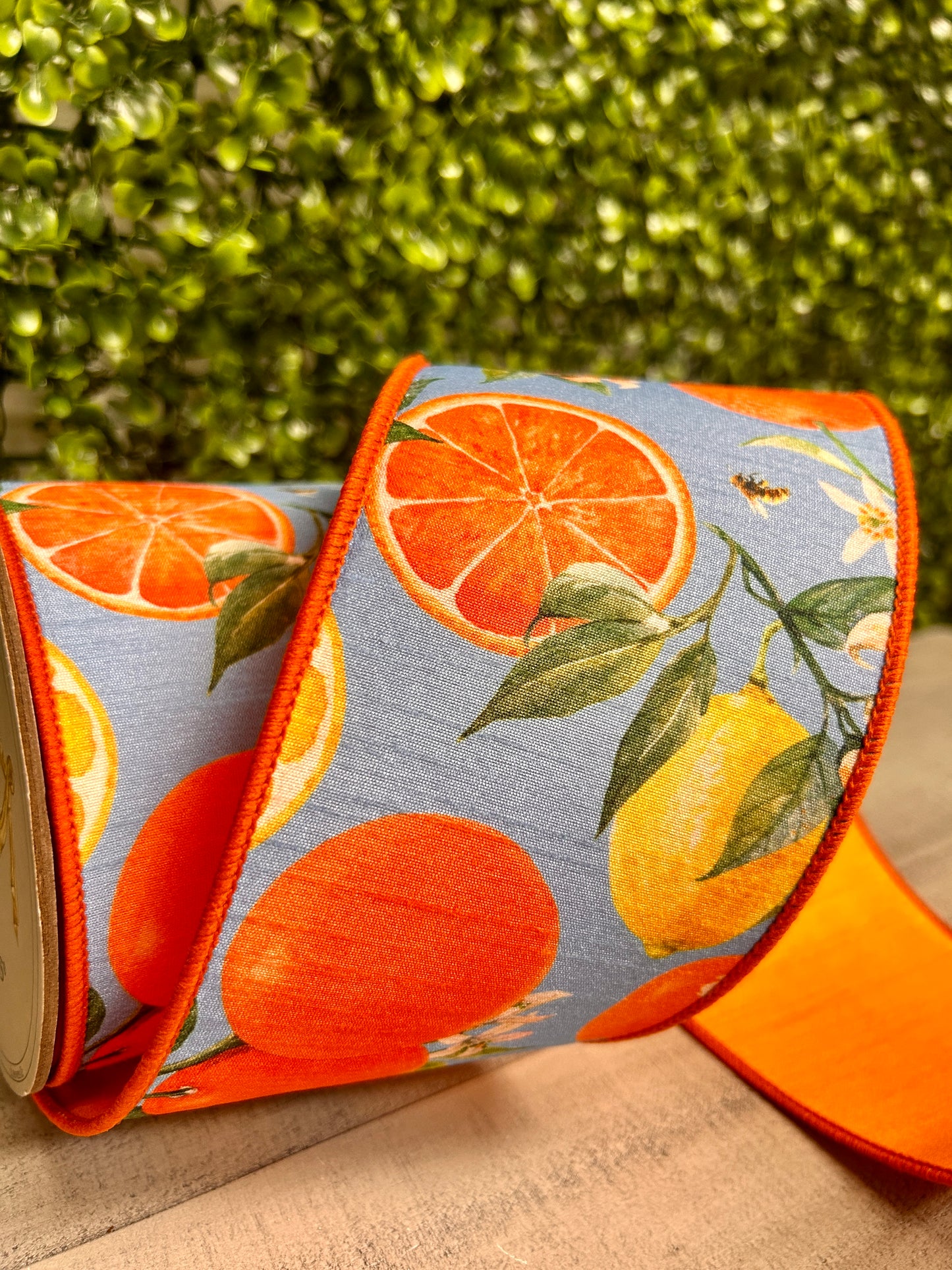4 Inch By 10 Yard Blue Orange And Yellow Watercolor Citrus And Blossoms Dupioni Ribbon