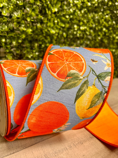 4 Inch By 10 Yard Blue Orange And Yellow Watercolor Citrus And Blossoms Dupioni Ribbon