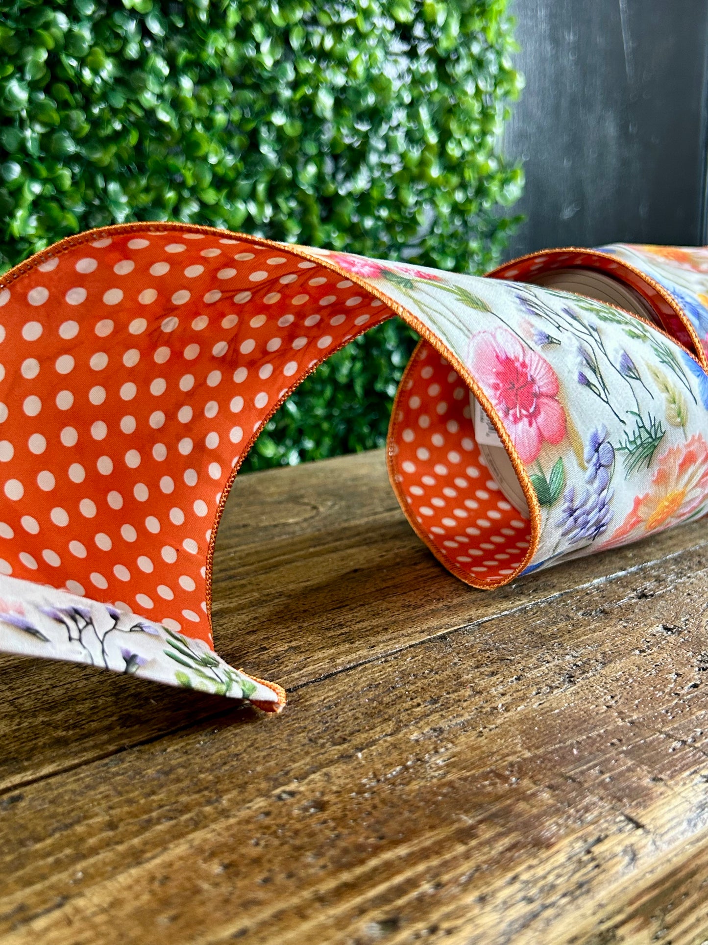 D. Stevens 4 Inch By 10 Yard Orange Pink And Blue Poplin Mix Flower Collage With Polka Dot Backing Ribbon