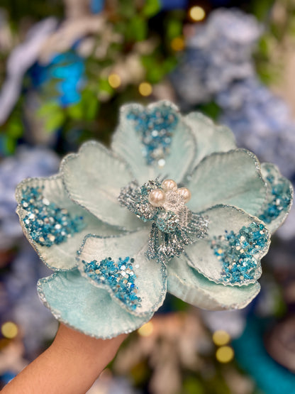 22 Inch Light Blue Glitter Sequin And Bead Magnolia Spray
