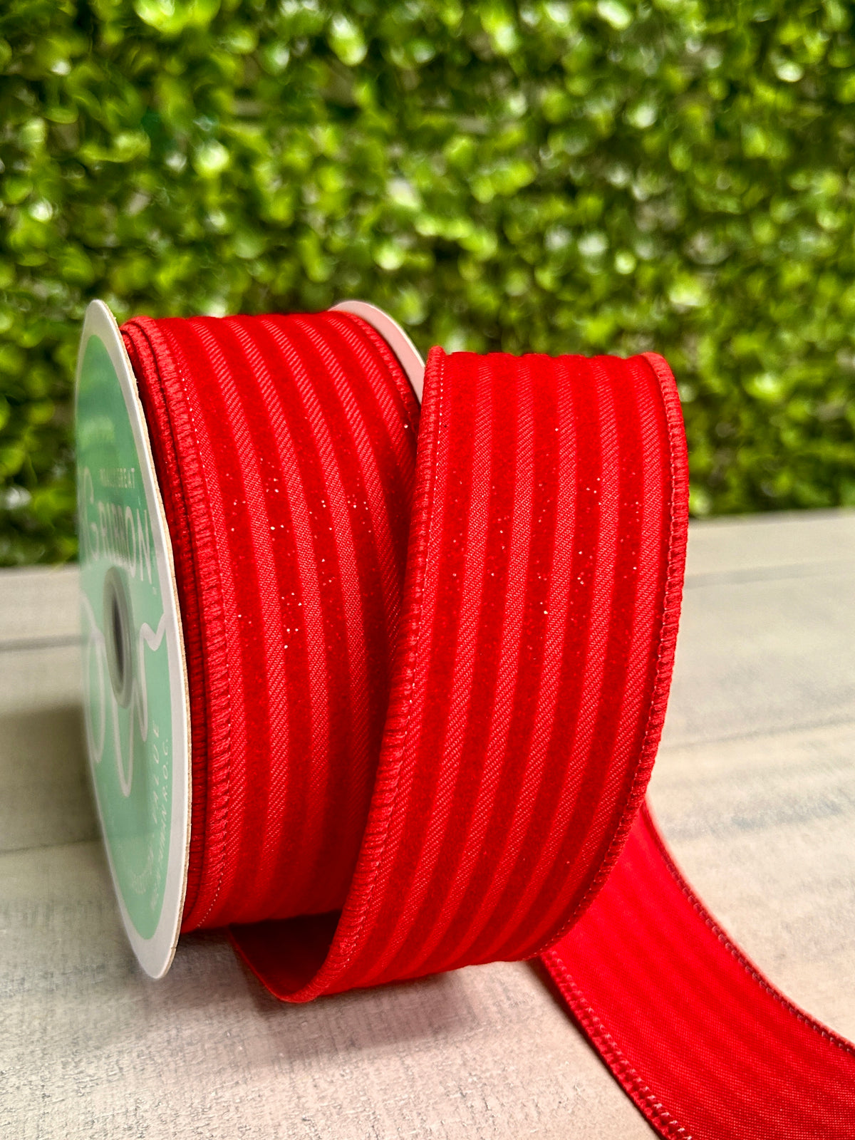 1.5 Inch By 10 Yard Red Glittered Velvet Vertical Lines Ribbon