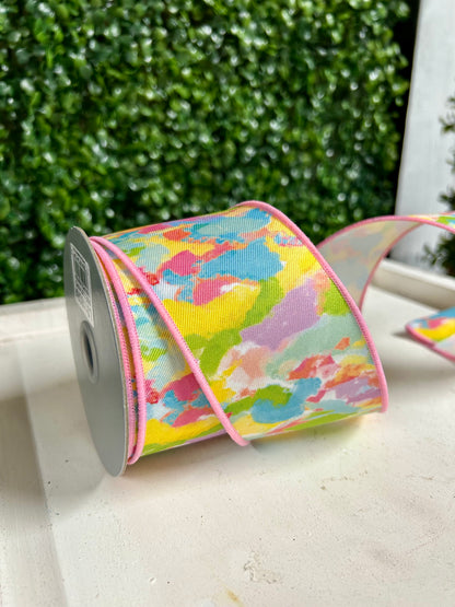 2.5 Inch By 10 Yard Ivory Yellow Pink And Blue Abstract Paint Ribbon