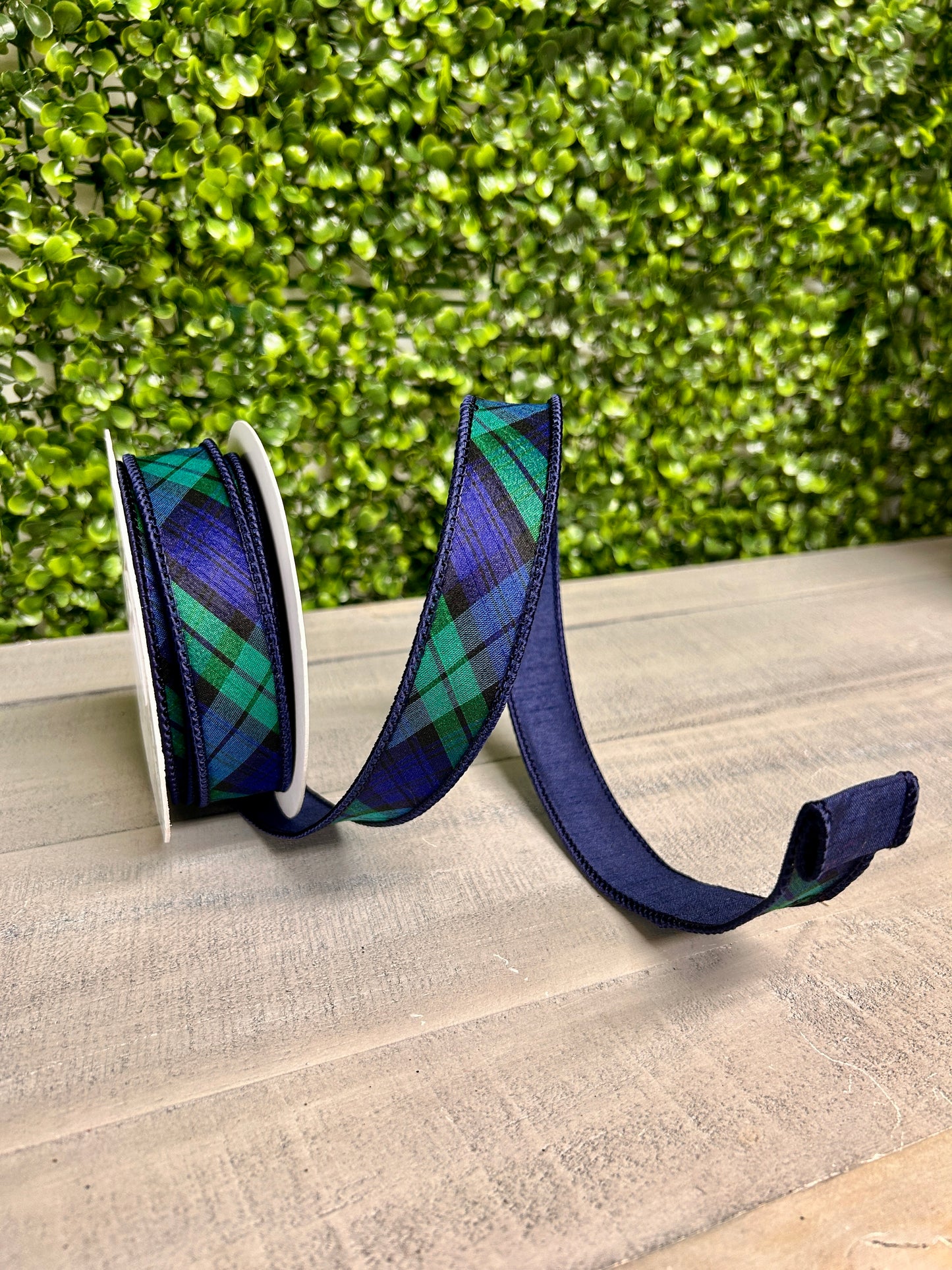 David Christopher 1 Inch By 10 Yard Navy Blue and Evergreen Plaid Ribbon