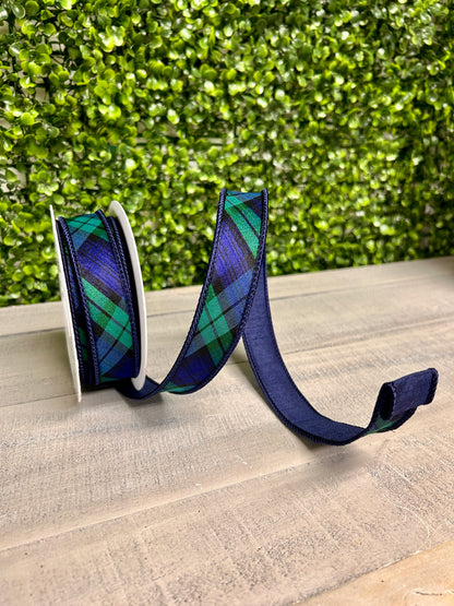 David Christopher 1 Inch By 10 Yard Navy Blue and Evergreen Plaid Ribbon