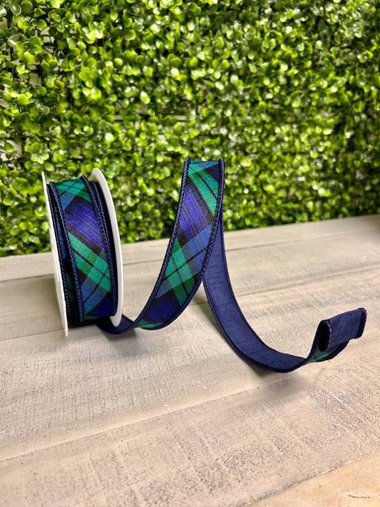 David Christopher 1 Inch By 10 Yard Navy Blue and Evergreen Plaid Ribbon