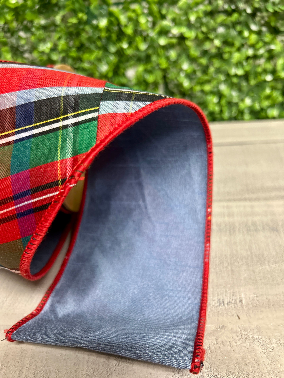 4 Inch By 10 Yard Traditional Christmas Plaid With Blue Backing Ribbon