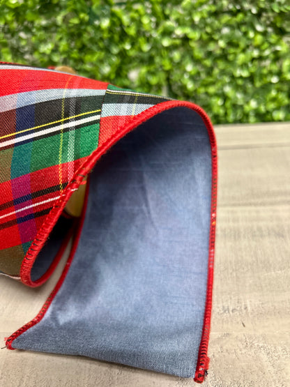 4 Inch By 10 Yard Traditional Christmas Plaid With Blue Backing Ribbon