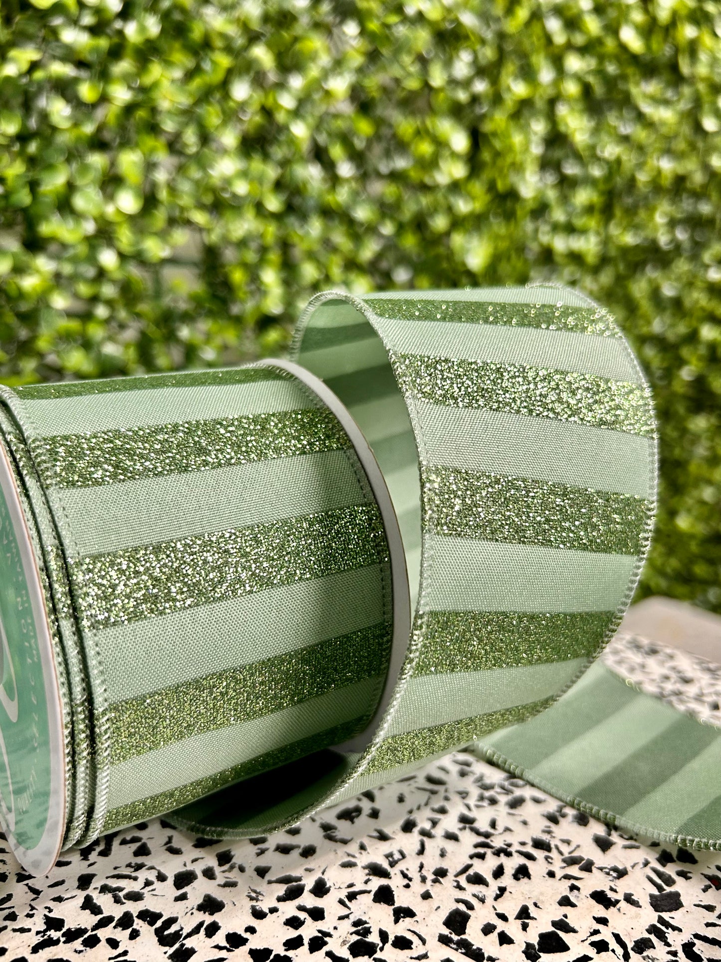 2.5 Inch By 10 Yard Sage Green Horizontal Glitter Stripes Ribbon